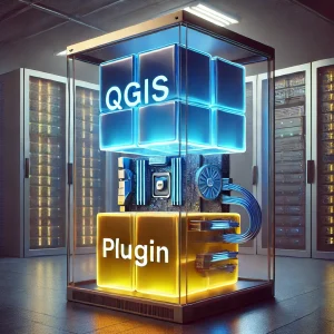 A block based illustration showing a QGIS Plugin working with a QGIS Desktop app in a server room
